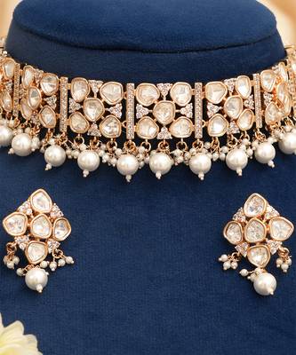 Gold plated premium designer moissanite kundan choker set 3