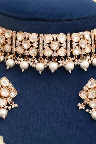 Gold plated premium designer moissanite kundan choker set