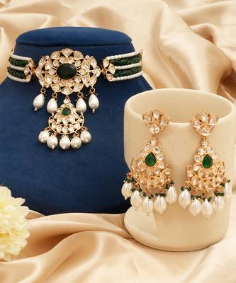 Emerald green moissanite kundan choker set 2