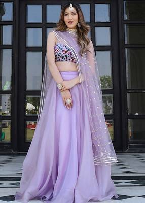 Lavender Faux Organza Readymade Lehenga Set with Embroidered Blouse & Net Dupatta 1