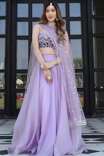 Lavender Faux Organza Readymade Lehenga Set with Embroidered Blouse & Net Dupatta