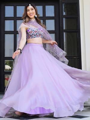Lavender Faux Organza Readymade Lehenga Set with Embroidered Blouse & Net Dupatta 2