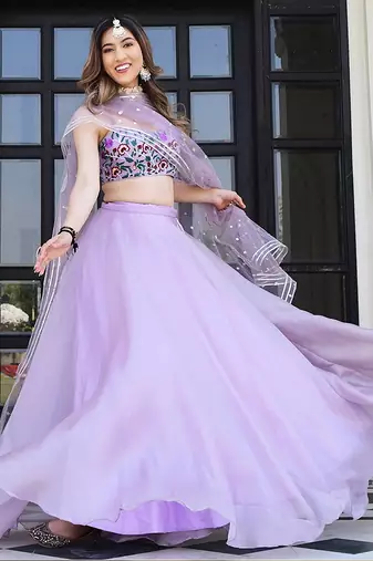 Lavender Faux Organza Readymade Lehenga Set with Embroidered Blouse & Net Dupatta