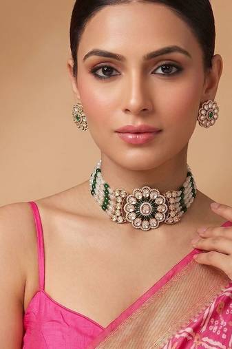 Green premium kundan moissanite bridal necklace set