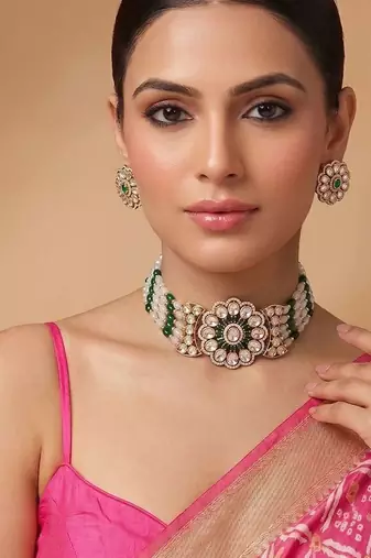 Green premium kundan moissanite bridal necklace set
