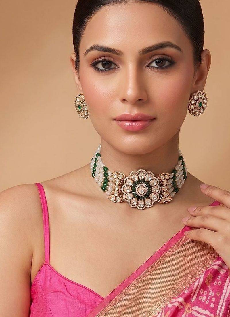 Green premium kundan moissanite bridal necklace set