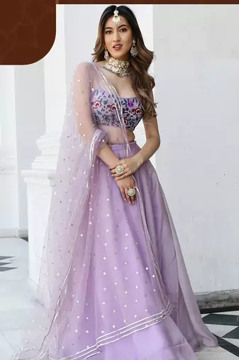 Lavender Faux Organza Readymade Lehenga Set with Embroidered Blouse & Net Dupatta