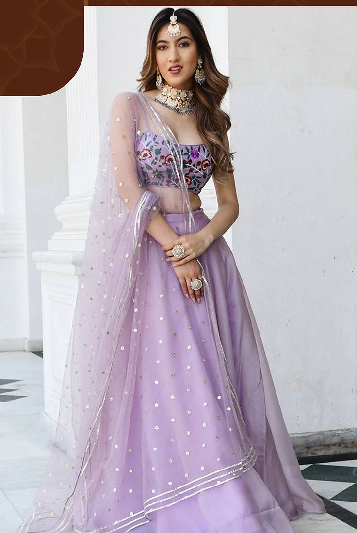 Lavender Faux Organza Readymade Lehenga Set with Embroidered Blouse & Net Dupatta
