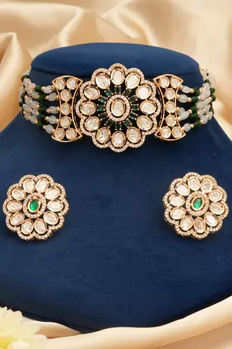 Green premium kundan moissanite bridal necklace set