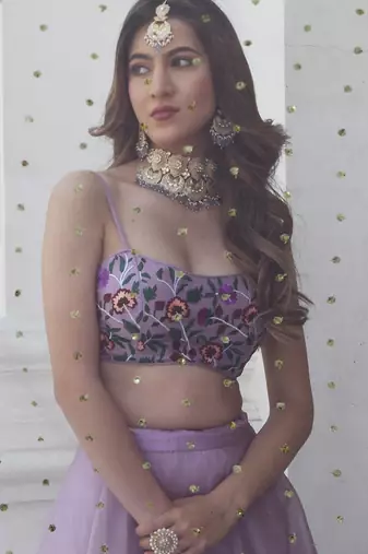 Lavender Faux Organza Readymade Lehenga Set with Embroidered Blouse & Net Dupatta