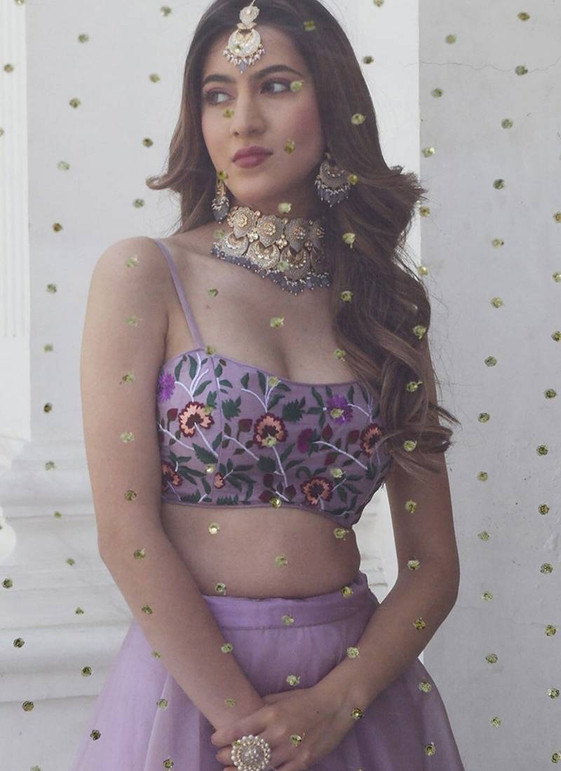 Lavender Faux Organza Readymade Lehenga Set with Embroidered Blouse & Net Dupatta