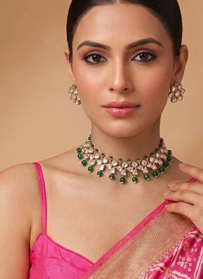 Gold plated royal green moissanite kundan necklace set 1