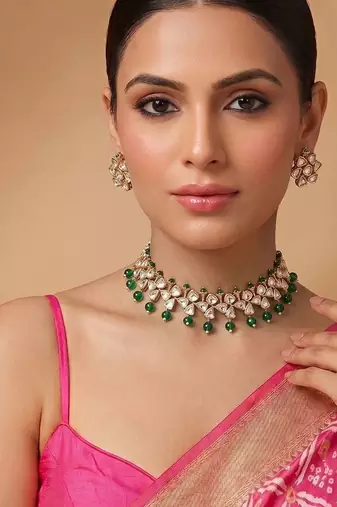 Gold plated royal green moissanite kundan necklace set