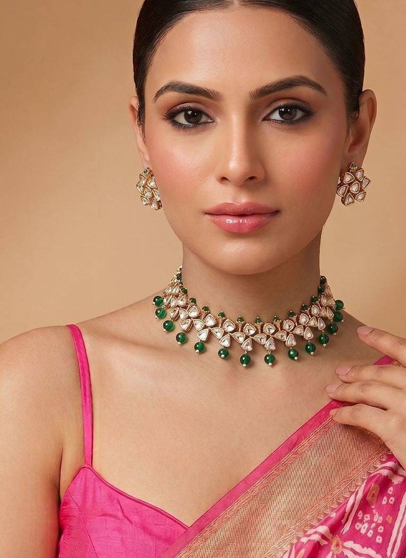 Gold plated royal green moissanite kundan necklace set
