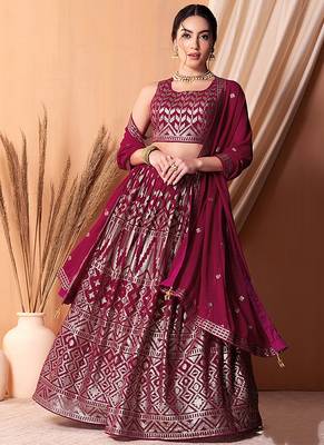 Rani Pink Faux Georgette Foil Print Readymade Lehenga Choli Set with Dupatta 1