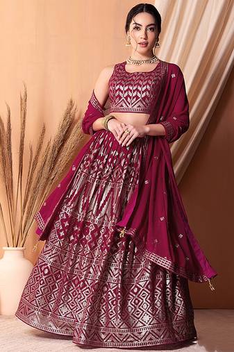Rani Pink Faux Georgette Foil Print Readymade Lehenga Choli Set with Dupatta