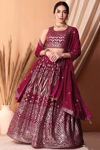 Rani Pink Faux Georgette Foil Print Readymade Lehenga Choli Set with Dupatta