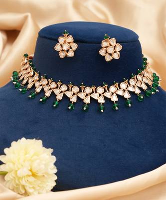 Gold plated royal green moissanite kundan necklace set 2