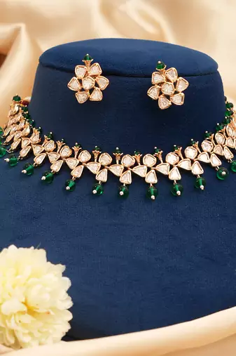 Gold plated royal green moissanite kundan necklace set