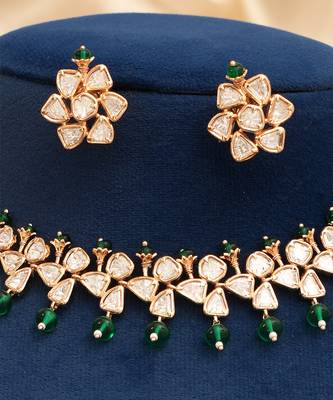 Gold plated royal green moissanite kundan necklace set 3