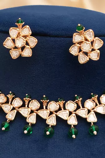 Gold plated royal green moissanite kundan necklace set
