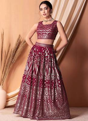 Rani Pink Faux Georgette Foil Print Readymade Lehenga Choli Set with Dupatta 3