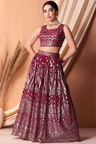 Rani Pink Faux Georgette Foil Print Readymade Lehenga Choli Set with Dupatta