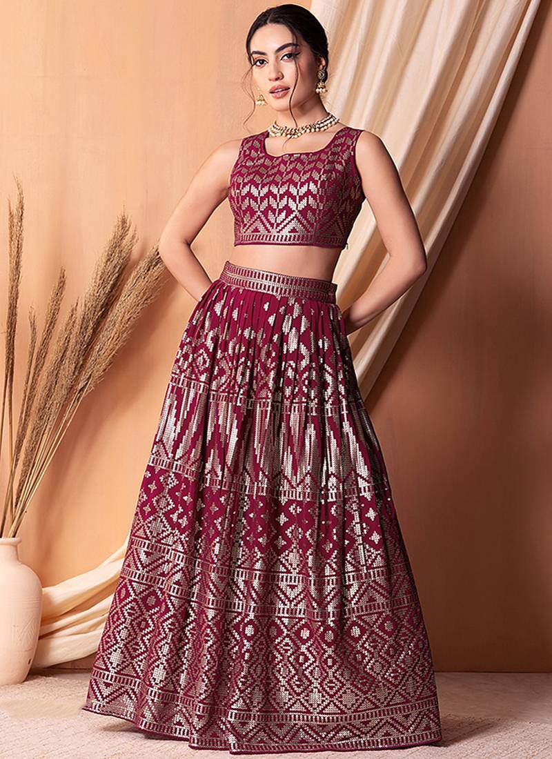 Rani Pink Faux Georgette Foil Print Readymade Lehenga Choli Set with Dupatta