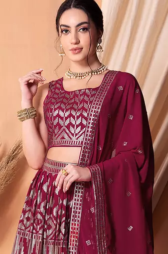 Rani Pink Faux Georgette Foil Print Readymade Lehenga Choli Set with Dupatta