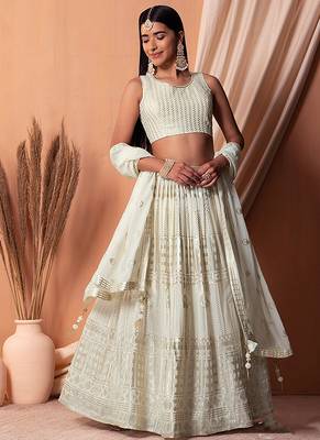 Off White Faux Georgette Foil Print Readymade Lehenga Choli Set with Dupatta 1