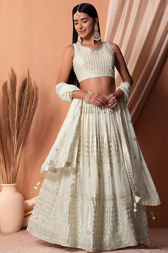 Off White Faux Georgette Foil Print Readymade Lehenga Choli Set with Dupatta