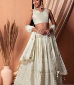 Off White Faux Georgette Foil Print Readymade Lehenga Choli Set with Dupatta