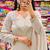 Off-white embroidered short kurti with flared pants & mirror-work dupatta set