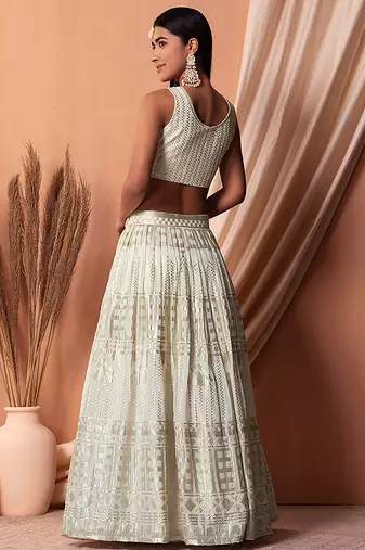 Off White Faux Georgette Foil Print Readymade Lehenga Choli Set with Dupatta