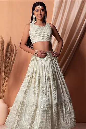 Off White Faux Georgette Foil Print Readymade Lehenga Choli Set with Dupatta