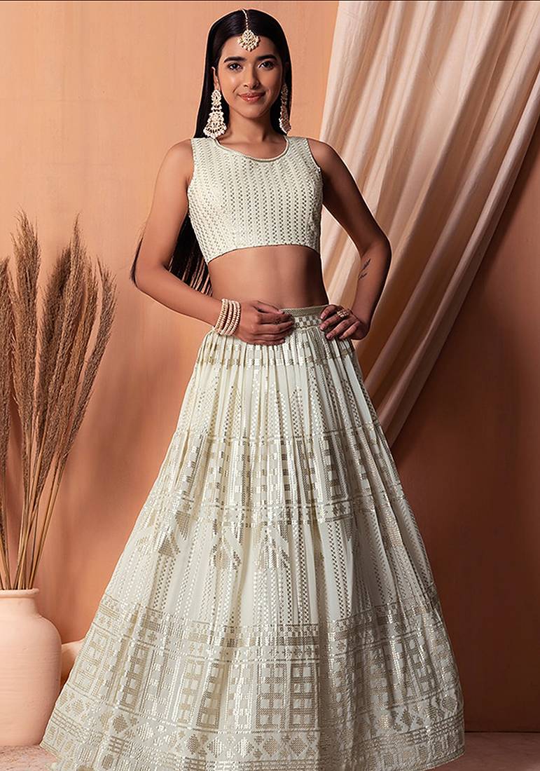Off White Faux Georgette Foil Print Readymade Lehenga Choli Set with Dupatta