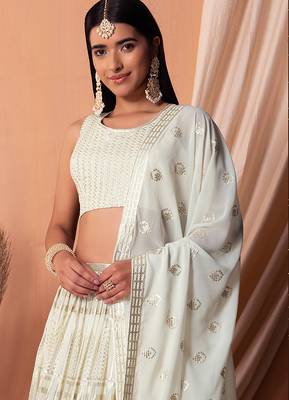 Off White Faux Georgette Foil Print Readymade Lehenga Choli Set with Dupatta 4