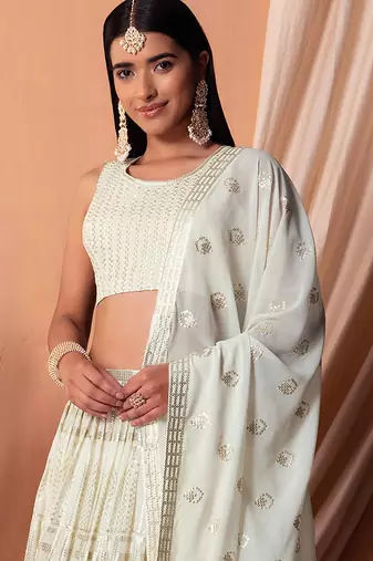 Off White Faux Georgette Foil Print Readymade Lehenga Choli Set with Dupatta