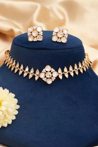 Gold plated premium kundan moissanite necklace set