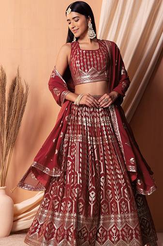Maroon Faux Georgette Foil Print Readymade Lehenga Choli Set with Dupatta