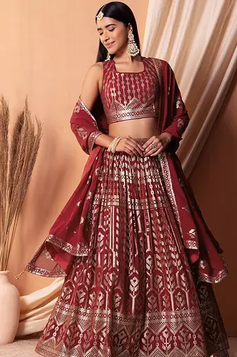 Maroon Faux Georgette Foil Print Readymade Lehenga Choli Set with Dupatta