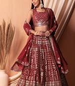 Maroon Faux Georgette Foil Print Readymade Lehenga Choli Set with Dupatta