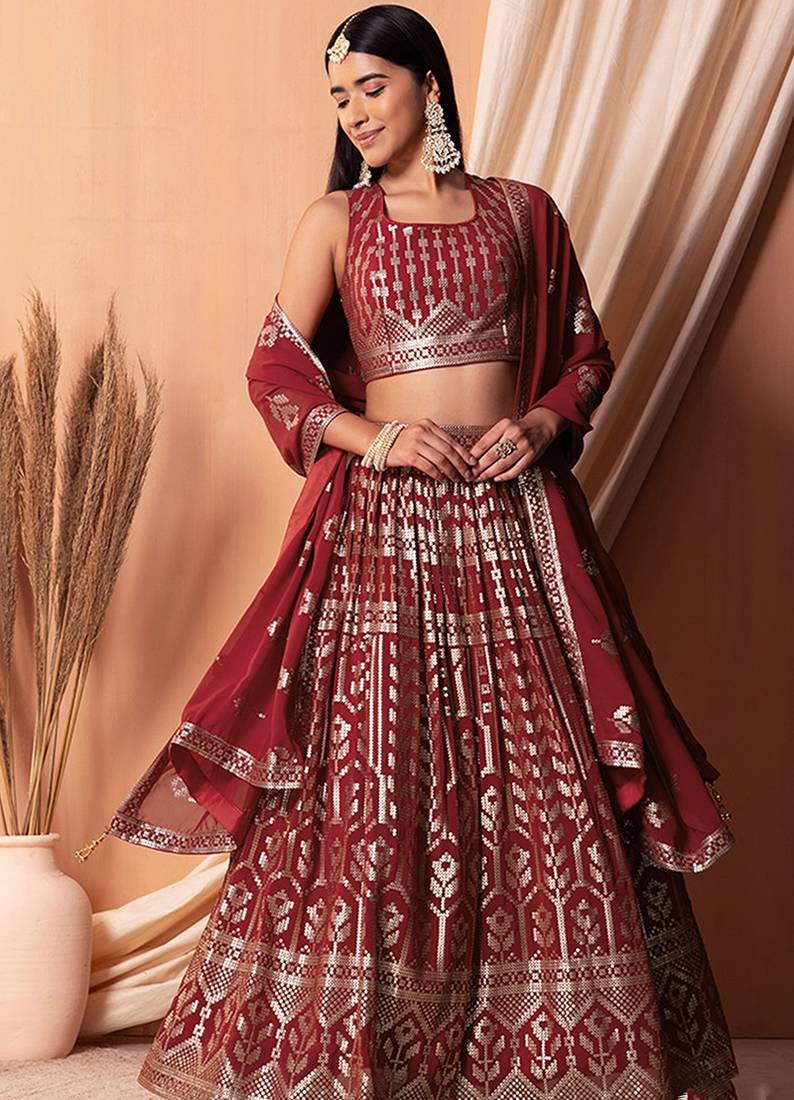 Maroon Faux Georgette Foil Print Readymade Lehenga Choli Set with Dupatta