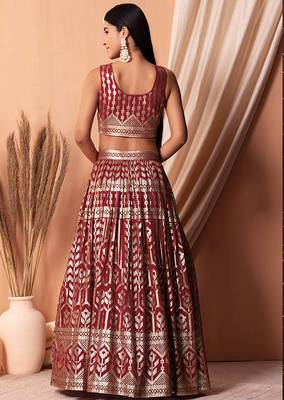 Maroon Faux Georgette Foil Print Readymade Lehenga Choli Set with Dupatta 2