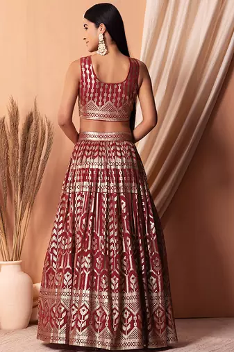 Maroon Faux Georgette Foil Print Readymade Lehenga Choli Set with Dupatta