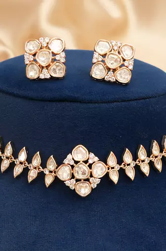 Gold plated premium kundan moissanite necklace set