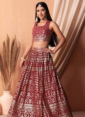 Maroon Faux Georgette Foil Print Readymade Lehenga Choli Set with Dupatta 3