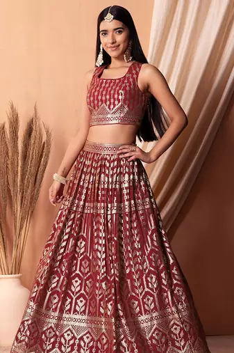 Maroon Faux Georgette Foil Print Readymade Lehenga Choli Set with Dupatta