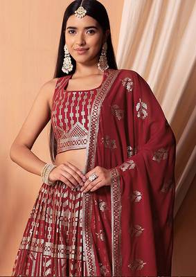Maroon Faux Georgette Foil Print Readymade Lehenga Choli Set with Dupatta 4