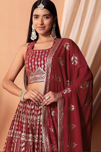 Maroon Faux Georgette Foil Print Readymade Lehenga Choli Set with Dupatta